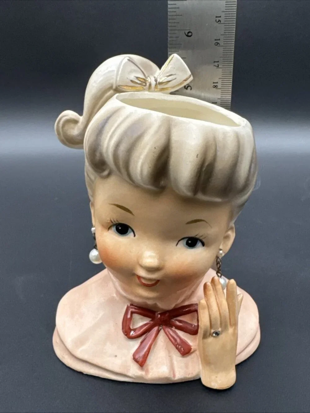 VTG 50’s Head Vase Pink Ponytail Pearl Earring Engagement Ring Bow Girl Ceramic